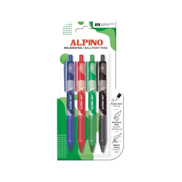Alpino Dot Pack con 4 Boligrafos Retractiles - Punta 1mm - Agarre Suave - Colores Surtidos