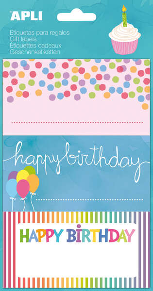Apli Etiquetas Adhesivas Color Birthday - Tamaño 76x39mm - 9 Etiquetas de Alta Calidad - Adhesivo Permanente - Ideal para Regalos - Color Blanco · Pack de 10 uds.