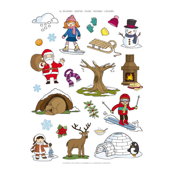 Apli Bolsa de Gomets Tematicos el Invierno - 69 Gomets en 3 Hojas - Adhesivo Removible - Ilustraciones Educativas - Adhesivo Base Agua - Libre de Disolventes - Colorido Invierno · Pack de 5