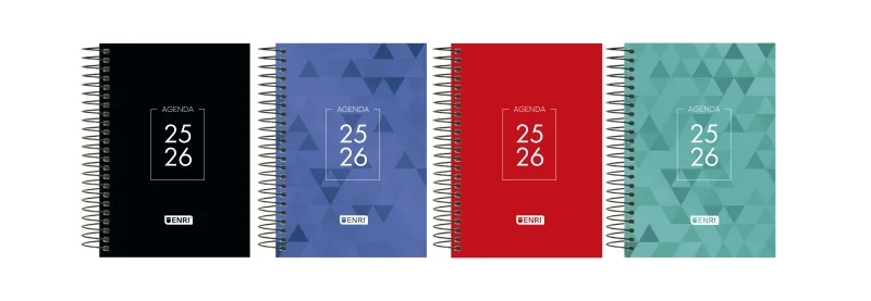 Enri Dentity Agenda Escolar 25/26 Espiral Dia Pagina - Tamaño 8º - Tapa Extradura - Esquinas Microperforadas - Espacio para Notas - Colores Surtidos · Pack de 5 uds.