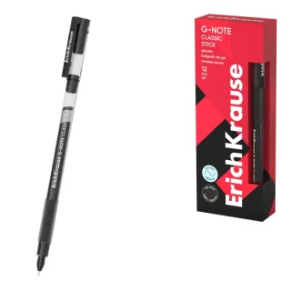 ErichKrause G-Note Stick Classic Boligrafo con Capuchon - Punta de 0.5mm - Trazo 0.4mm - Tinta de Gel - Resistente al Agua - Secado Rapido - Tapa Ventilada - Color Negro · Pack de 12 uds.