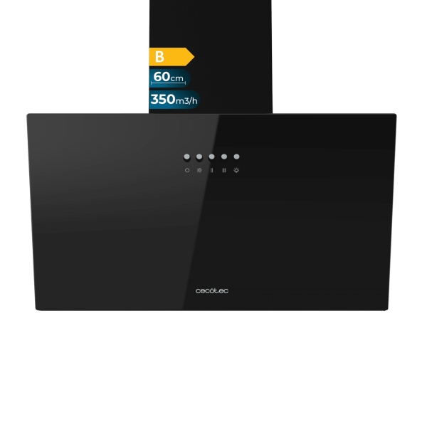 Cecotec Bolero Flux DM 603500 Glass Black B Campana Extractora de 60cm - 65W - Succion 350m3/h - Luz LED - Incluye Accesorios - Kit de Montaje - Filtros de Carbono Incluidos - Color Negro