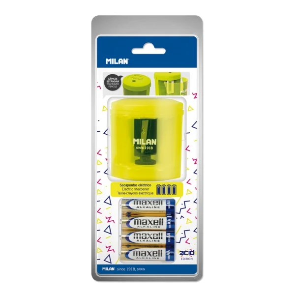 Milan Power-Sharp Acid Sacapuntas Electrico - Pilas Incluidas - Deposito Integrado - Cuchilla de Acero al Carbono de Seguridad - Color Amarillo