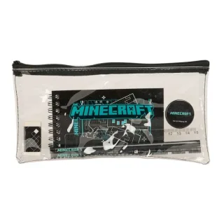 Safta Minecraft Screen Portatodo - Cremallera - PVC - Regla de 15cm - 2 Lapices - Sacapuntas - Goma - Bloc de Notas de 70 Hojas - 22.5x10.5x1cm - Color Negro y Transparente