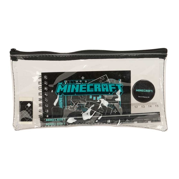 Safta Minecraft Screen Portatodo - Cremallera - PVC - Regla de 15cm - 2 Lapices - Sacapuntas - Goma - Bloc de Notas de 70 Hojas - 22.5x10.5x1cm - Color Negro y Transparente
