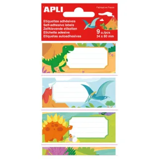 Apli Etiquetas Adhesivas Escolares Dinosaurios - Tamaño 81x36mm - 9 Etiquetas de Adhesivo Permanente de Alta Calidad - Ideal para Marcar e Identificar Libros, Cuadernos, Carpetas, Catalogos,