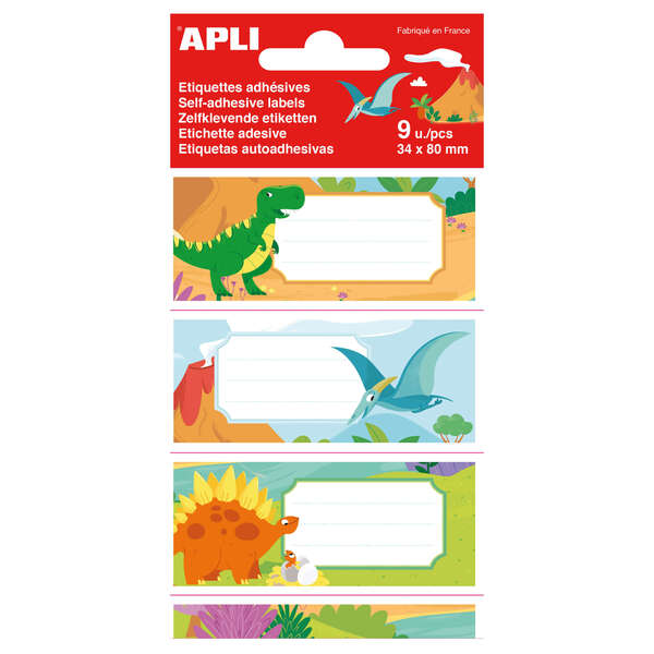 Apli Etiquetas Adhesivas Escolares Dinosaurios - Tamaño 81x36mm - 9 Etiquetas de Adhesivo Permanente de Alta Calidad - Ideal para Marcar e Identificar Libros, Cuadernos, Carpetas, Catalogos,