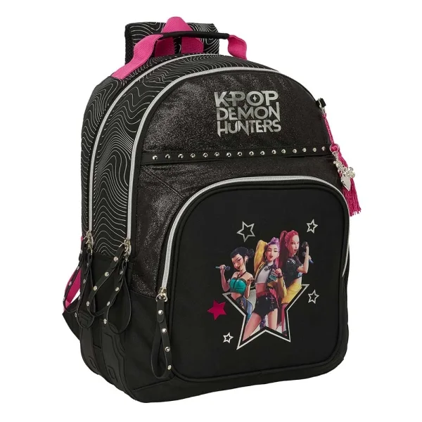 Safta K-Pop Demon Hunters Energy Mochila - Adaptable a Carro - Bolsillo Frontal - Portabotellas - Cremallera con Doble Tirador - Asa de Mano - Espalda Acolchada - 32x42x15cm - Color Negro y Rosa
