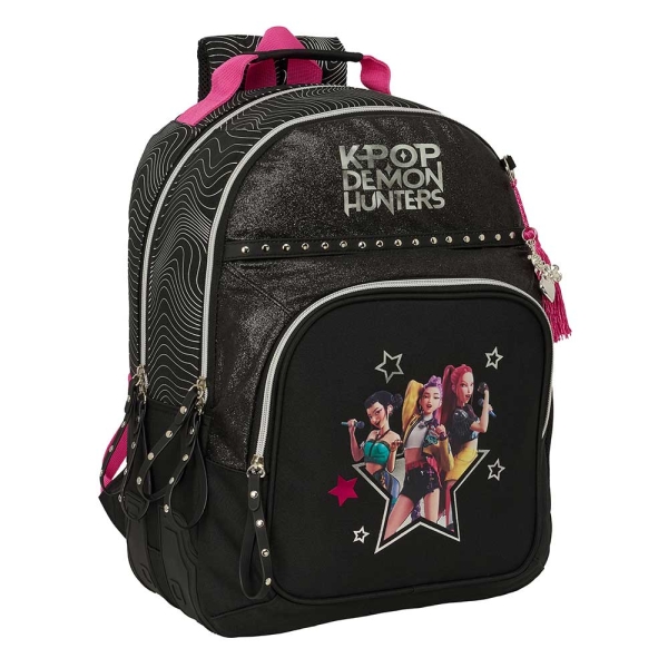 Safta K-Pop Demon Hunters Energy Mochila - Adaptable a Carro - Bolsillo Frontal - Portabotellas - Cremallera con Doble Tirador - Asa de Mano - Espalda Acolchada - 32x42x15cm - Color Negro y Rosa