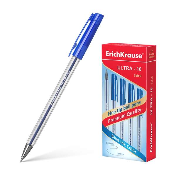 Erichkrause Boligrafo Ultra-10 - Punta Metalica de Tipo Aguja - Cuerpo Hexagonal Transparente - Tinta de Baja Viscosidad - Color Azul · Pack de 12 uds.