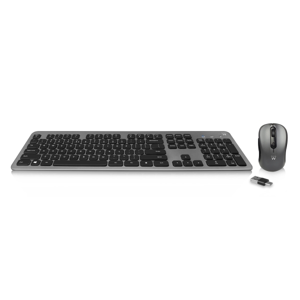 Ewent Pack Teclado + Raton Inalambrico para Oficina - Receptor USB-A 2.4Hz - 1600dpi - Disposicion Portuguesa QWERTY PT - Incluye Pilas AA/AAA - Teclas Silenciosas de Perfil Bajo - Color Negro/Gris