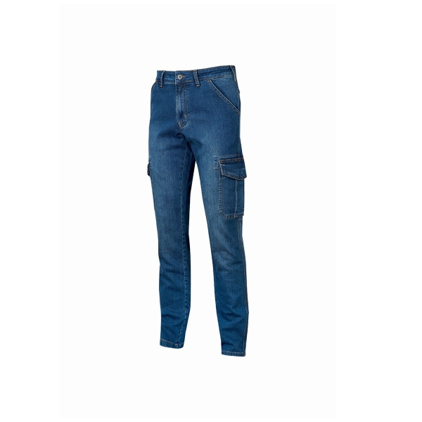 Upower Tommi Vaqueros Cargo de Trabajo - Talla 28 - Tejido Elastico, Bolsillos Laterales con Botones, Proteccion DPI1, Ajuste Regular - Color Azul Indigo