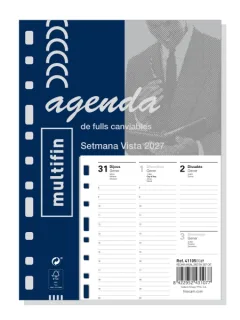 Finocam Recambio Anual para Agenda Multifin en Catalan - Anual 2027 - Semana Vista Vertical - Formato 3002 - 155x215mm - 11 Taladros - Papel de 80g/m2 - Esquinas Microperforadas - Color Blan