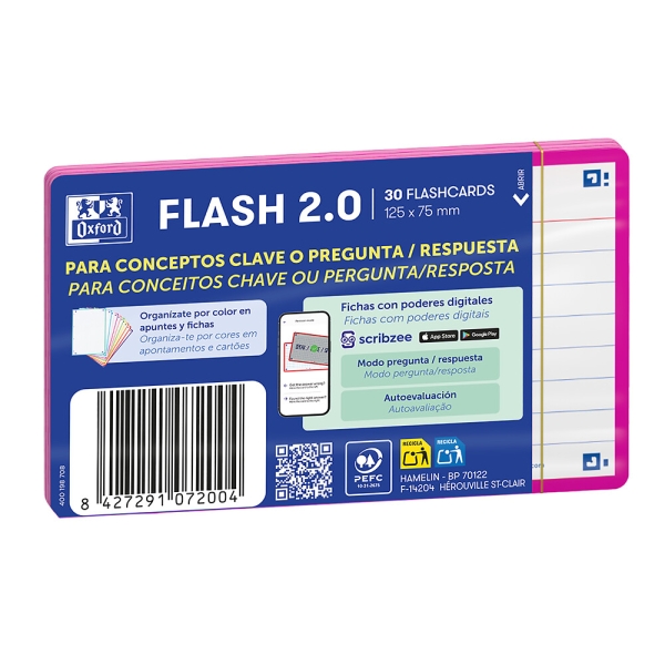 Oxford Pack de 30 FlashCards 2.0 - Formato A7 - Rayado Horizontal 1 Linea - Cartulina de 250g - Digitalizacion de Textos con App - Color Fucsia