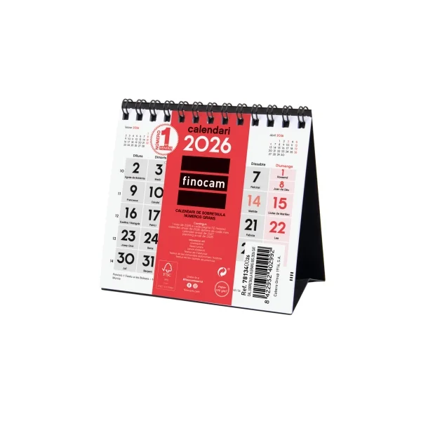 Finocam Calendario de Sobremesa en Catalan - Anual 2026 - 110x40x140mm - Numeros Grandes - Color Blanco y Rojo