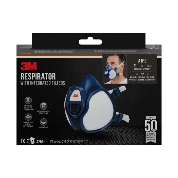 3M Mascarilla de Media Cara - Filtros Integrados - Proteccion Contra Vapores Organicos - Reutilizable - Color Azul/Blanco