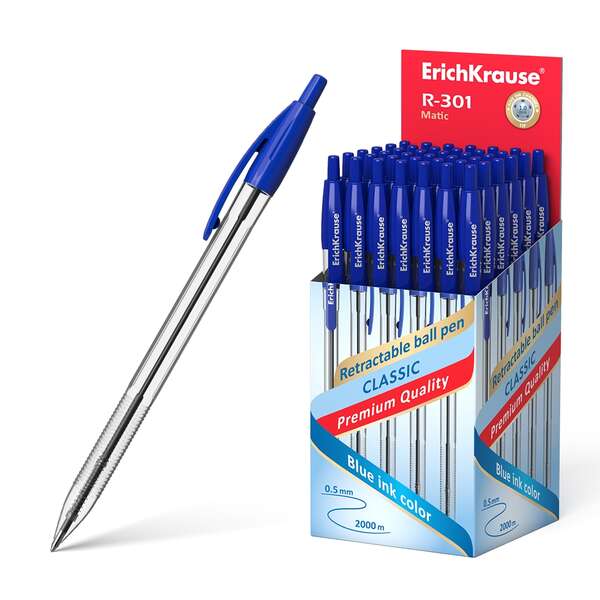 ErichKrause R-301 Matic Boligrafo Retractil Punta de Bola 1.0mm - Tinta de Secado Rapido - Cuerpo Transparente - Color Azul · Pack de 50 uds.