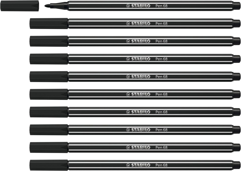 Stabilo Pen 68 Rotulador de Punta de Fibra - Trazo de 1mm aprox. - Tinta con Base de Agua - Color Negro · Pack de 10 uds.