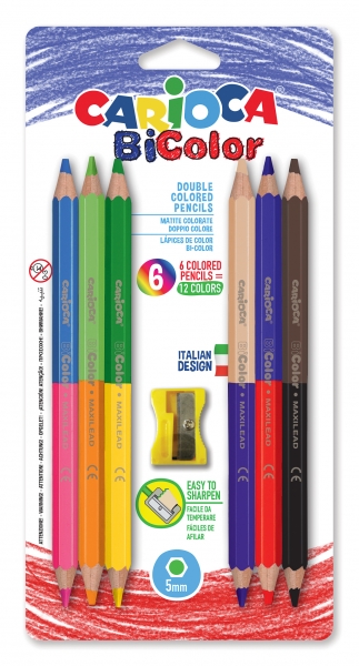 Carioca Jumbo Pack de 6 Lapices Bicolor Hexagonales Lacados - Maxi Mina de Ø 5mm - Alta Resistencia a la Rotura - Sacapuntas Incluido - Color Varios