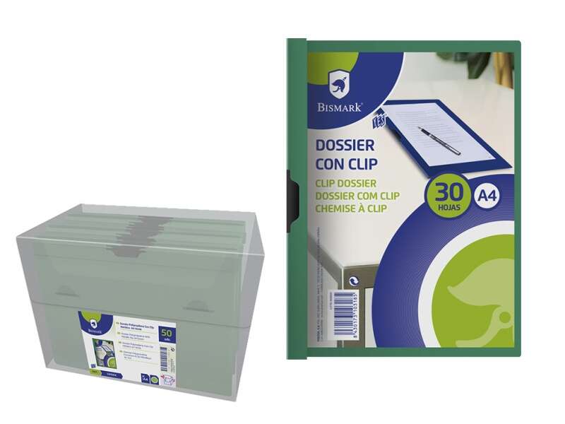 Bismark Dossier para 30 Hojas A4 con Clip Metalico Lateral - Polipropileno Transparente - Color Verde · Pack de 5 uds.