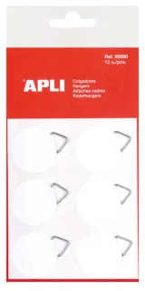 Apli Pack de 12 Colgadores Autoadhesivos Redondos Ø 30mm - Triangulo Metalico de Soporte - Base Adhesiva Blanca - Gran Resistencia - Ideal para Fotos, Calendarios y Posteres · Pack de 10 uds