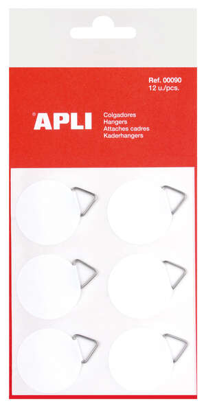 Apli Pack de 12 Colgadores Autoadhesivos Redondos Ø 30mm - Triangulo Metalico de Soporte - Base Adhesiva Blanca - Gran Resistencia - Ideal para Fotos, Calendarios y Posteres · Pack de 10 uds.