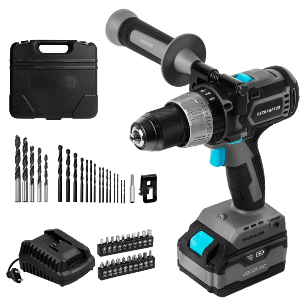 Cecotec CecoRaptor Perfect ImpactDrill 4020 Brushless Ultra Taladro Percutor Inalambrico - Torque 46Nm - 2000rpm - 3000Ipm - Bateria 4Ah 20V - Luz LED - Incluye Accesorios - Color Negro y Gr
