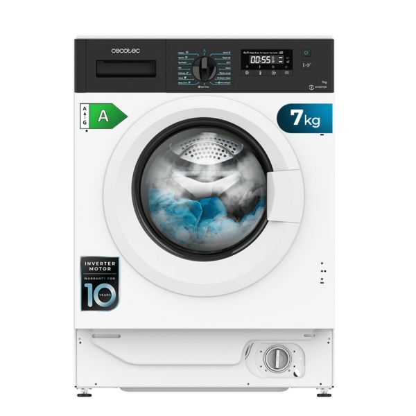 Cecotec Bolero dresscode 740 BI Inverter A Lavadora Integrable - Capacidad 7kg - Velocidad 1350rpm - Pantalla LED - Display LED - Motor Inverter - 16 Programas - Color Blanco y Negro