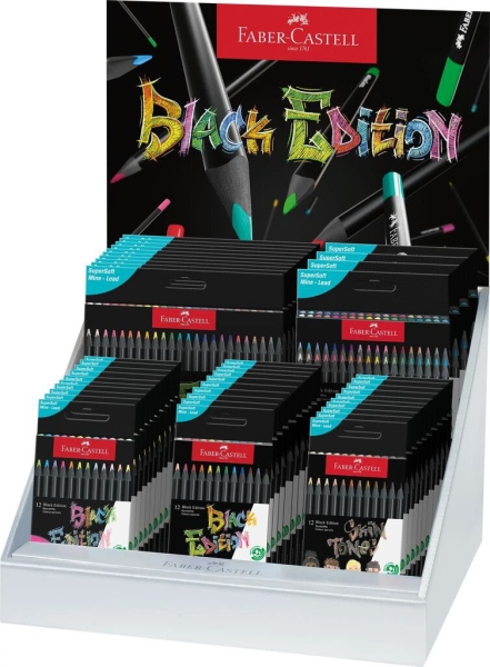 Faber-Castell Black Edition Expositor con 44 Estuches Surtidos de Lapices de Colores - Mina Supersuave - Madera Negra - Ideales para Dibujo sobre Papel Claro, Oscuro y de Colores - Colores S