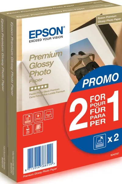 Epson Premium Glossy Photo Pack de 80 Hojas de Papel Fotografico - 10x15cm - Gramaje de 255g/m2 - Acabado Brillante - Compatible con Impresoras Inkjet - Color Blanco