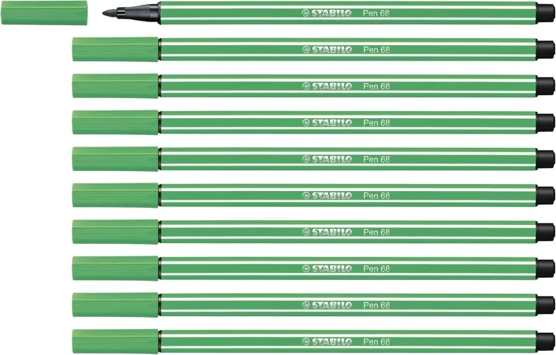 Stabilo Pen 68 Rotulador de Punta de Fibra - Trazo de 1mm aprox. - Tinta con Base de Agua - Color Verde · Pack de 10 uds.