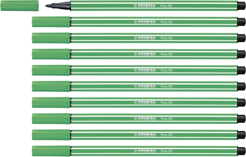 Stabilo Pen 68 Rotulador de Punta de Fibra - Trazo de 1mm aprox. - Tinta con Base de Agua - Color Verde · Pack de 10 uds.