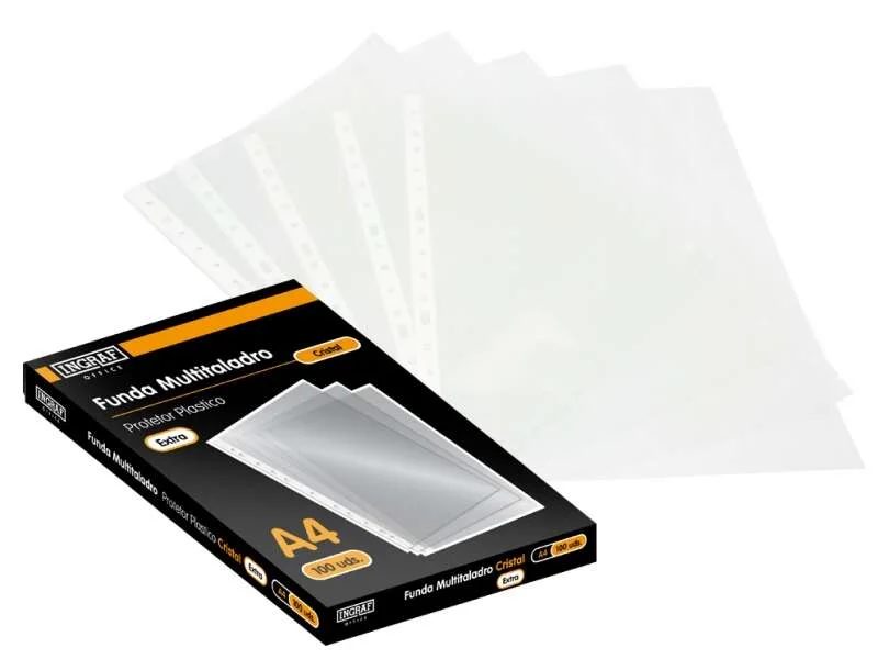 Ingraf Pack de 100 Fundas Multitaladro A4 Transparentes 70 Micras - Acabado en Cristal