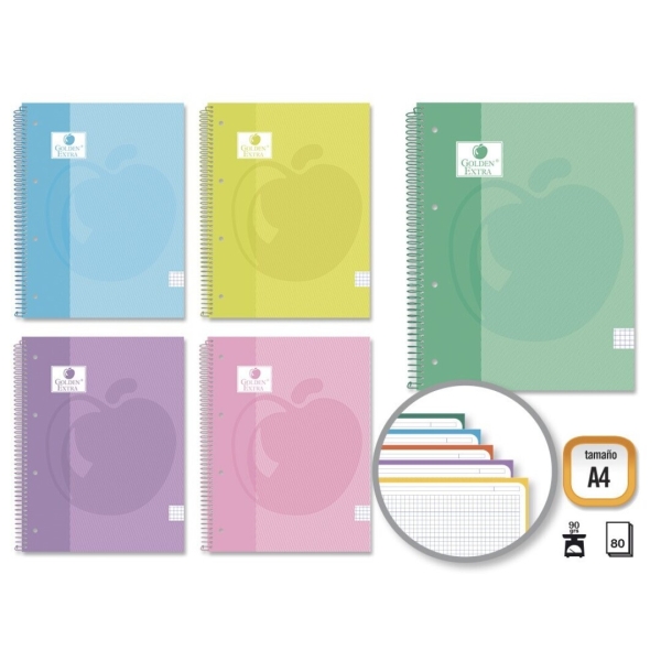 Golden Extra Cuaderno Espiral A4 80 Hojas 90grs Cuadricula 5x5 - Hojas Microperforadas con Banda de Color - Tapa Extradura Forrada - Colores Pastel Surtidos · Pack de 5 uds.