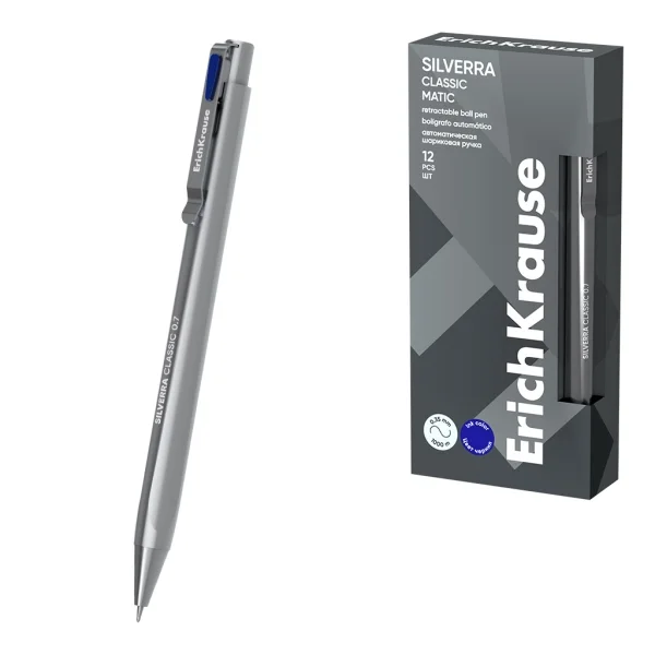 ErichKrause Silverra Matic Classic Boligrafo Retractil - Punta de 0.7mm - Cuerpo Gris - Trazo 0.35mm - Color Azul · Pack de 12 uds.