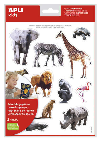 Apli Gomets Tematicos Realistas Animales Sabana - 24 Gomets - Adhesivo Removible - Desarrollados con Educadores - Ideal para Habilidades Motoras - Adhesivo Base Agua - Libre de Disolventes -