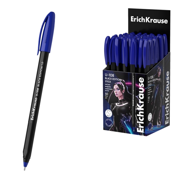 ErichKrause U-108 Stick Black Edition Boligrafo con Capuchon - Punta de 1.0mm - Cuerpo Opaco Negro - Trazo 0.3mm - Tinta de Baja Viscosidad - Tapa Ventilada - Color Azul · Pack de 50 uds.