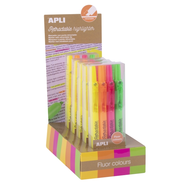 Apli Highlighter Retractil Expositor con 5 Packs de 4 Subrayadores Retractiles - Punta Biselada 4mm - Colores Fluor Surtidos