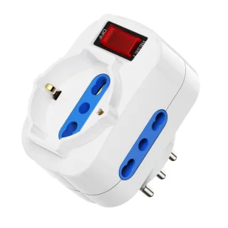 Ewent Regleta de 3 Tomas de Pared - 3x Tomas Italianas Tipo L/ Schuko de 10/16A - 2 Tomas L + 1 Toma L/F (Schuko) - Interruptor On/Off - Proteccion Infantil - Enchufe Italiano Giratorio - Co