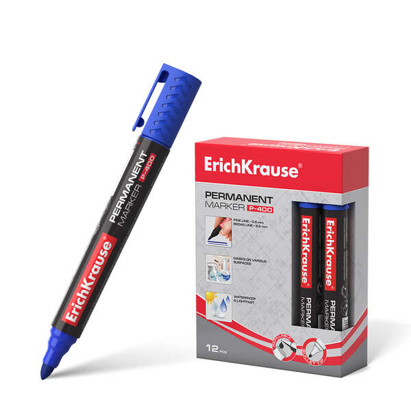 Erichkrause Marcador Permanente P-400 - Punta en Forma de Bala - Resistente a Multiples Superficies - Color Azul · Pack de 12 uds.