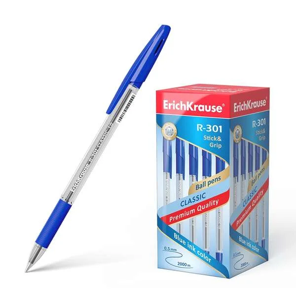 Erichkrause R-301 Stick&Grip Boligrafo de Bola Punta 1.0mm - Trazo 0.5mm - Agarre con Grip de Goma - Tinta de Secado Rapido - Cuerpo Transparente - Capuchon Ventilado - Color Azul · Pack de 50 uds.