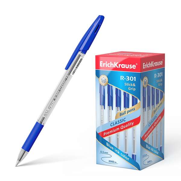 Erichkrause R-301 Stick&Grip Boligrafo de Bola Punta 1.0mm - Trazo 0.5mm - Agarre con Grip de Goma - Tinta de Secado Rapido - Cuerpo Transparente - Capuchon Ventilado - Color Azul · Pack de 50 uds.