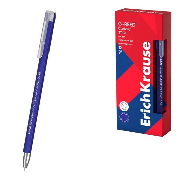 ErichKrause G-Reed Stick Classic Boligrafo con Capuchon - Punta de 0.38mm - Trazo 0.25mm - Tinta de Gel - Resistente al Agua - Secado Rapido - Tapa Ventilada - Color Azul · Pack de 12 uds.
