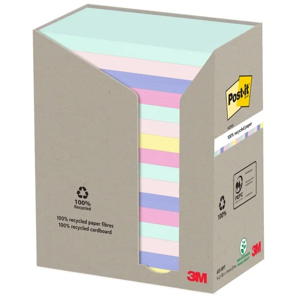 Post-It Pack de 16 Blocs de 100 Notas Adhesivas Recicladas - Forma Rectangular - 127x76mm - Colores Surtidos