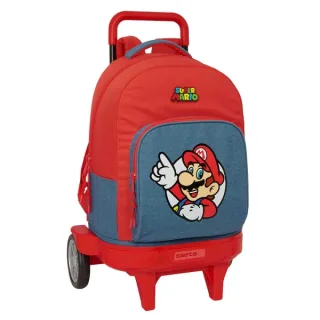 Safta Super Mario Mochila con Carro - Extraible - 33L - Portabotellas - Tarjeta de Identificacion Personal - Ruedas Antivibracion - Asa de Mano - Bolsillo Frontal - 33x45x22cm - Color Rojo y