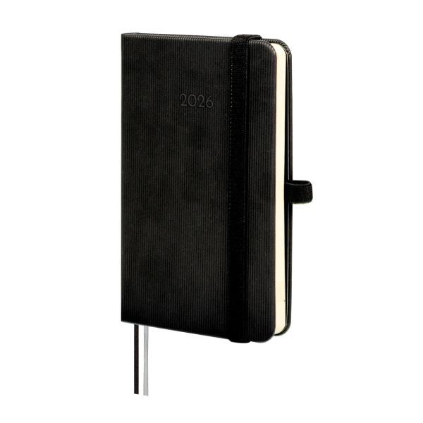 Finocam Minimal Textura Agenda en Catalan - Anual 2026 - Tapa Dura - Cierre con Goma Elastica - Formato M2 - 86x17x132mm - Semana Vista Horizontal - Color Negro