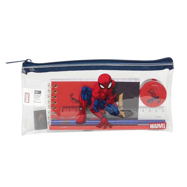 Safta Spider-Man Portatodo - Cremallera - PVC - Regla de 15cm - 2 Lapices - Sacapuntas - Goma - Bloc de Notas de 70 Hojas - 22.5x10.5x1cm - Color Azul y Transparente