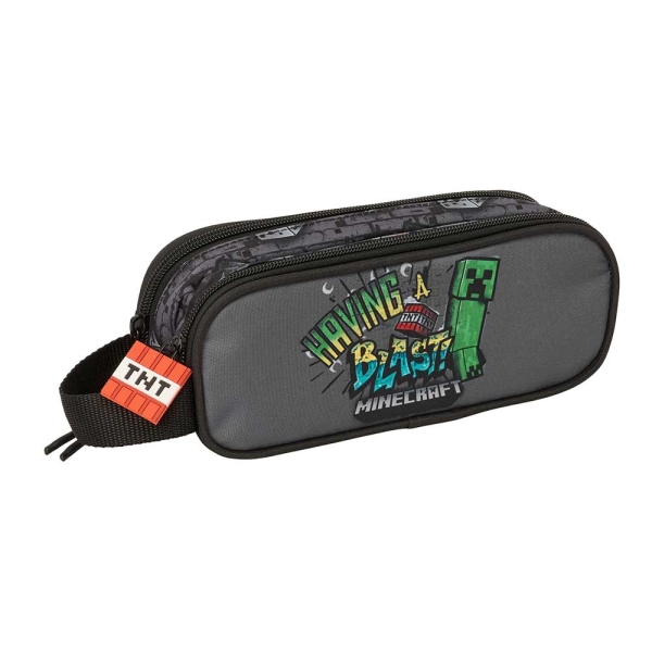 Safta Minecraft Graffiti Portatodo - 2 Compartimentos con Cremallera - Asa Lateral - Capacidad 1L - 21x8x6cm - Color Gris