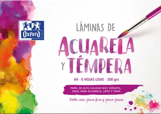 Oxford Pintura Escolar Sobre de Laminas de Acuarela y Tempera A4 - 6 Hojas de 300gr - Ideal para Proyectos Escolares - Superficie Lisa para un Acabado Profesional · Pack de 5 uds.