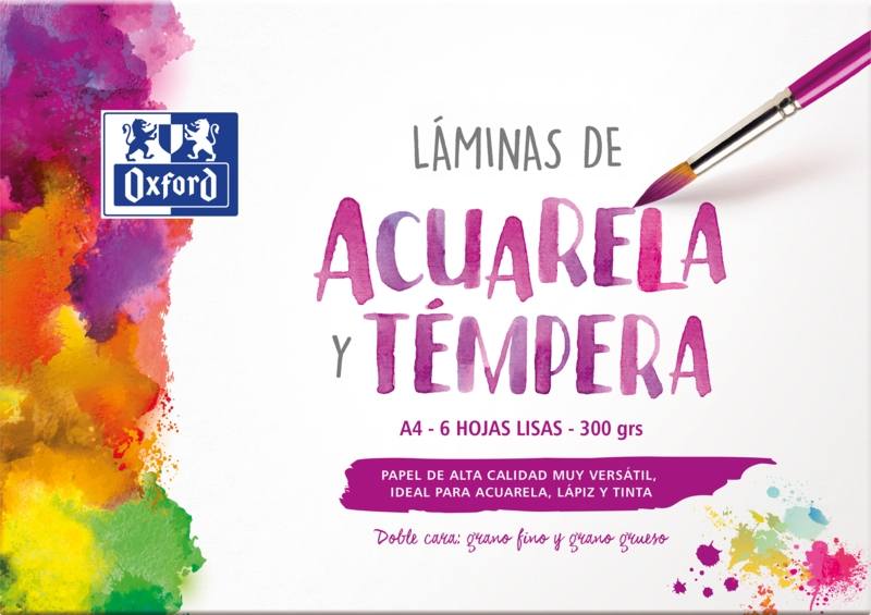 Oxford Pintura Escolar Sobre de Laminas de Acuarela y Tempera A4 - 6 Hojas de 300gr - Ideal para Proyectos Escolares - Superficie Lisa para un Acabado Profesional · Pack de 5 uds.